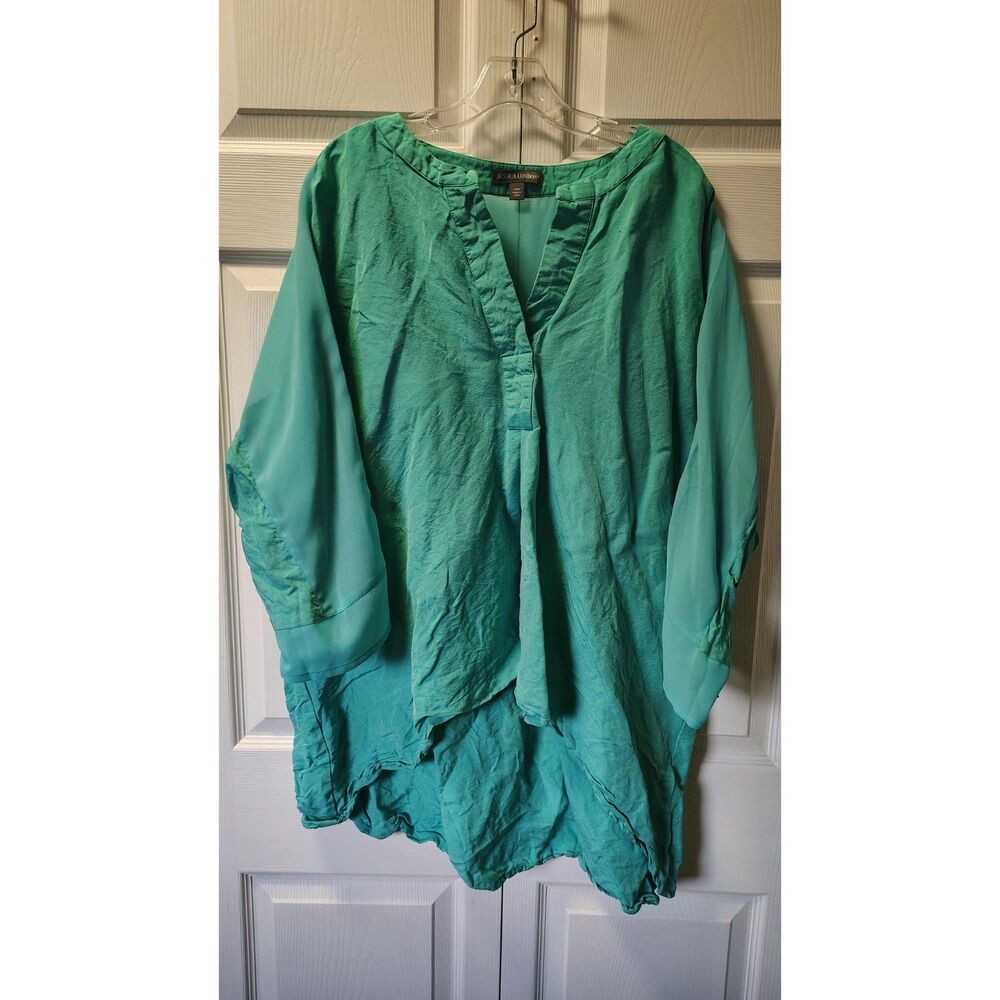 Jessica London Teal Green Tunic Blouse 24W Chiffon Sleeve High Low Split Neck